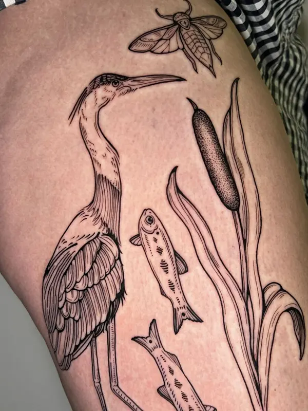 Heron, fish, and cattails linework tattoo, thigh