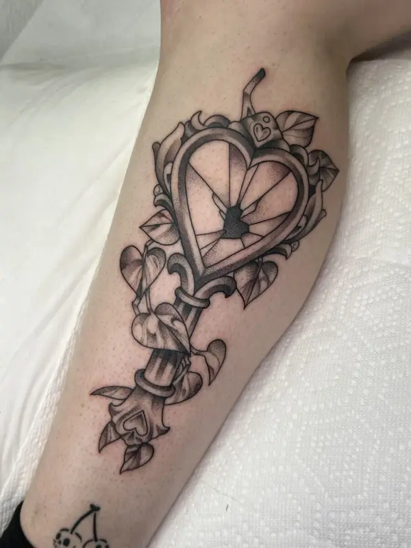 Black and grey shattered-heart key tattoo with leaves, leg