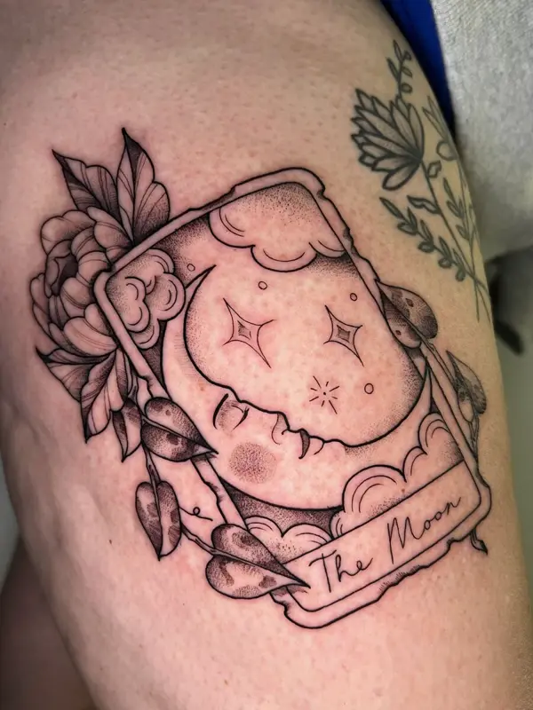 'The Moon' tarot card tattoo with a peony, shoulder